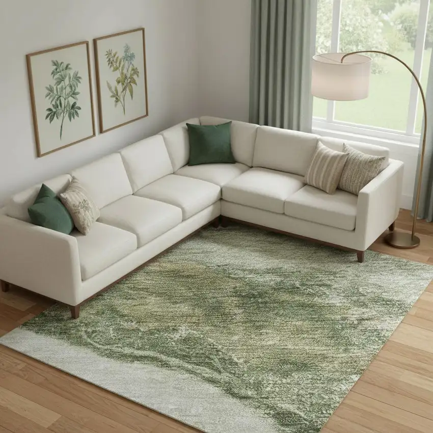 Green And Ivory Abstract Washable Area Rug With UV Protection Photo 2