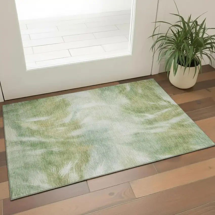 Green And Ivory Abstract Washable Area Rug With UV Protection Photo 2
