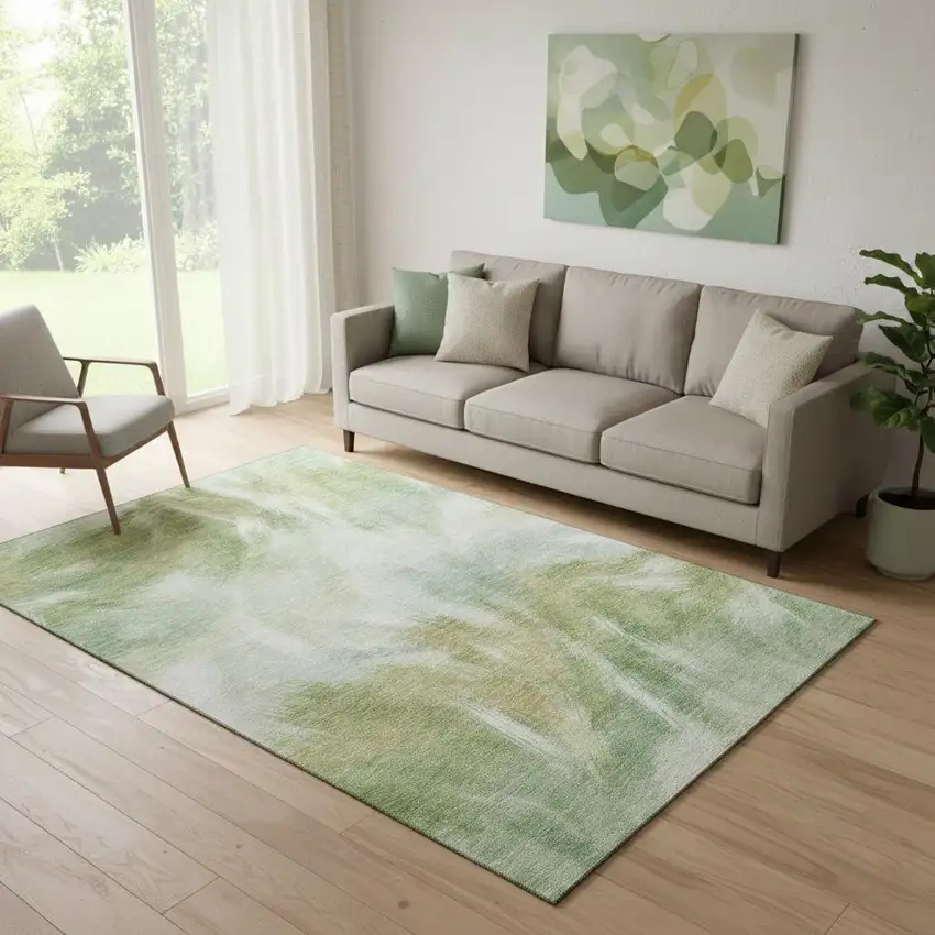 Green And Ivory Abstract Washable Area Rug With UV Protection Photo 2