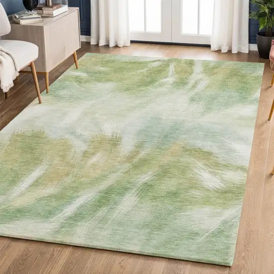Green And Ivory Abstract Washable Area Rug With UV Protection Photo 5