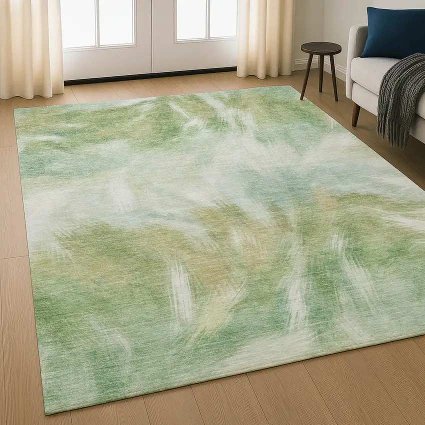 Green And Ivory Abstract Washable Area Rug With UV Protection Photo 4