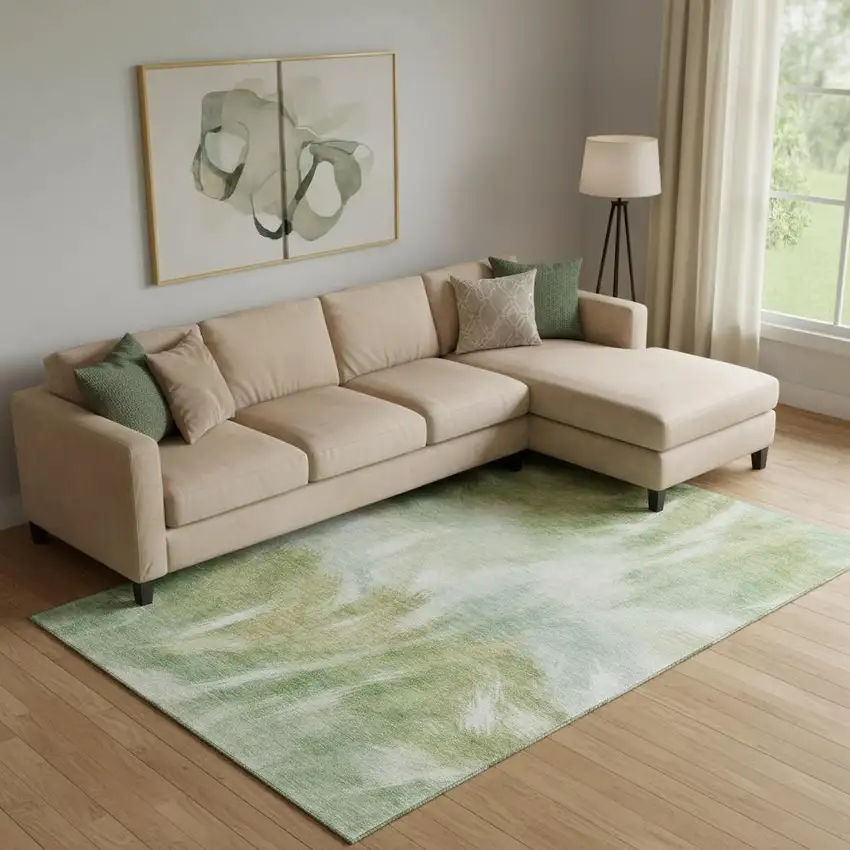 Green And Ivory Abstract Washable Area Rug With UV Protection Photo 2