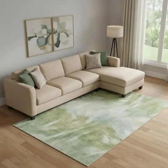 Green And Ivory Abstract Washable Area Rug With UV Protection Photo 2