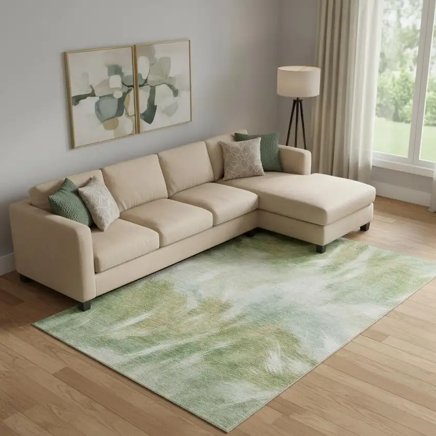 Green And Ivory Abstract Washable Area Rug With UV Protection Photo 2