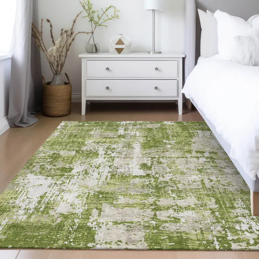 Green And Ivory Abstract Washable Indoor Outdoor Area Rug Photo 9
