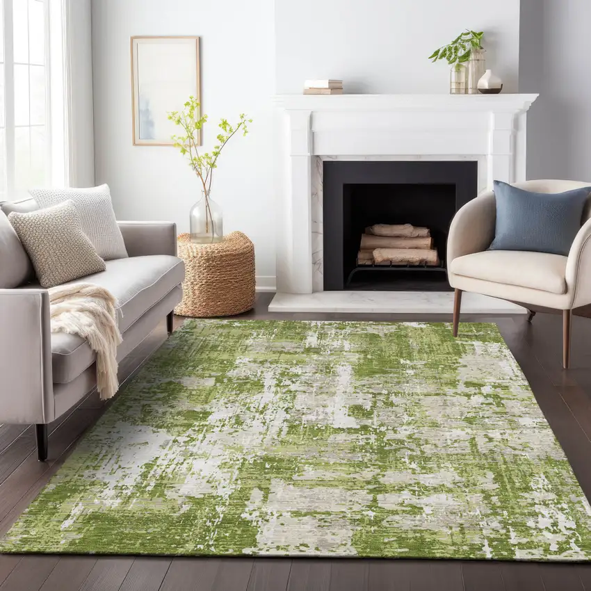 Green And Ivory Abstract Washable Indoor Outdoor Area Rug Photo 8