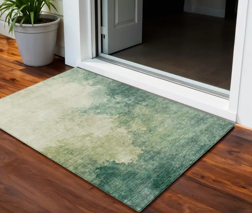 Green And Ivory Abstract Washable Indoor Outdoor Area Rug Photo 1