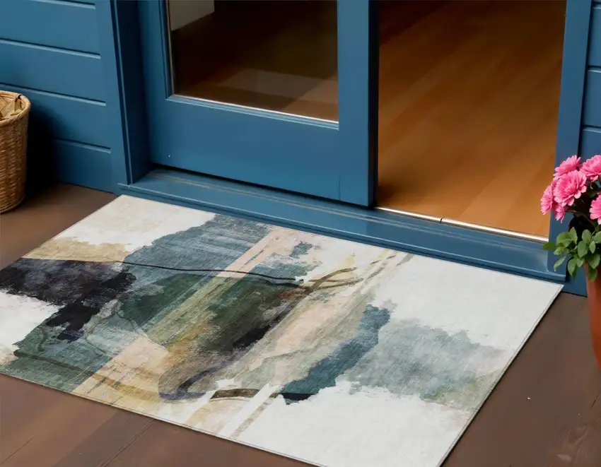 Green And Ivory Abstract Washable Indoor Outdoor Area Rug Photo 2