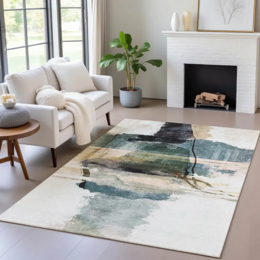 Green And Ivory Abstract Washable Indoor Outdoor Area Rug Photo 5