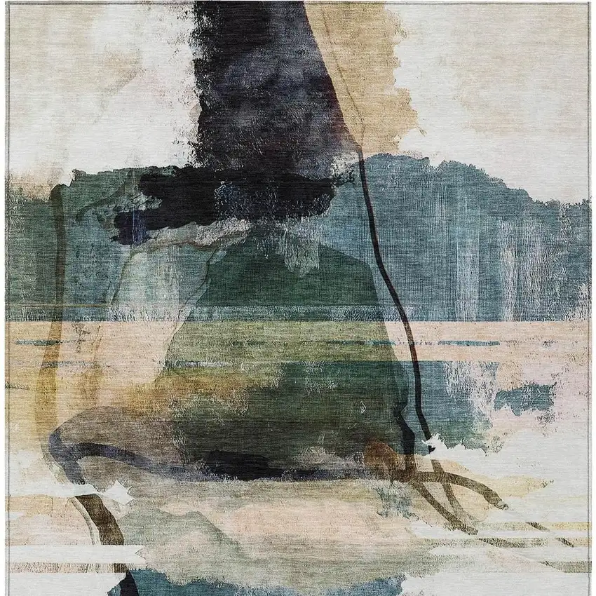 Green And Ivory Abstract Washable Indoor Outdoor Area Rug Photo 3