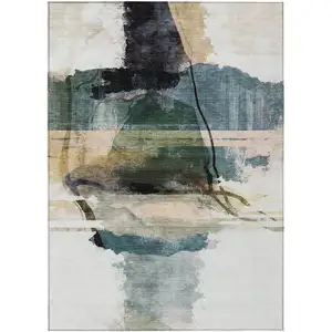 Photo of Green And Ivory Abstract Washable Indoor Outdoor Area Rug
