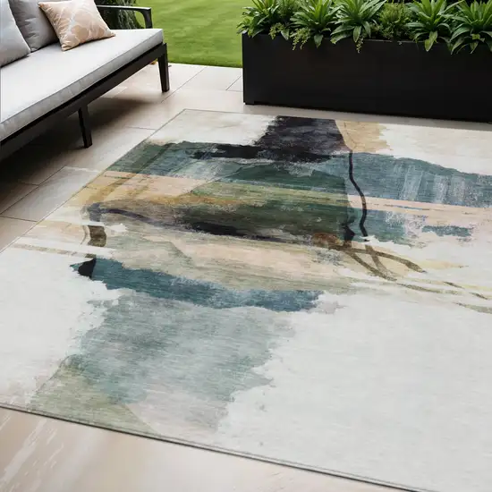 Green And Ivory Abstract Washable Indoor Outdoor Area Rug Photo 2