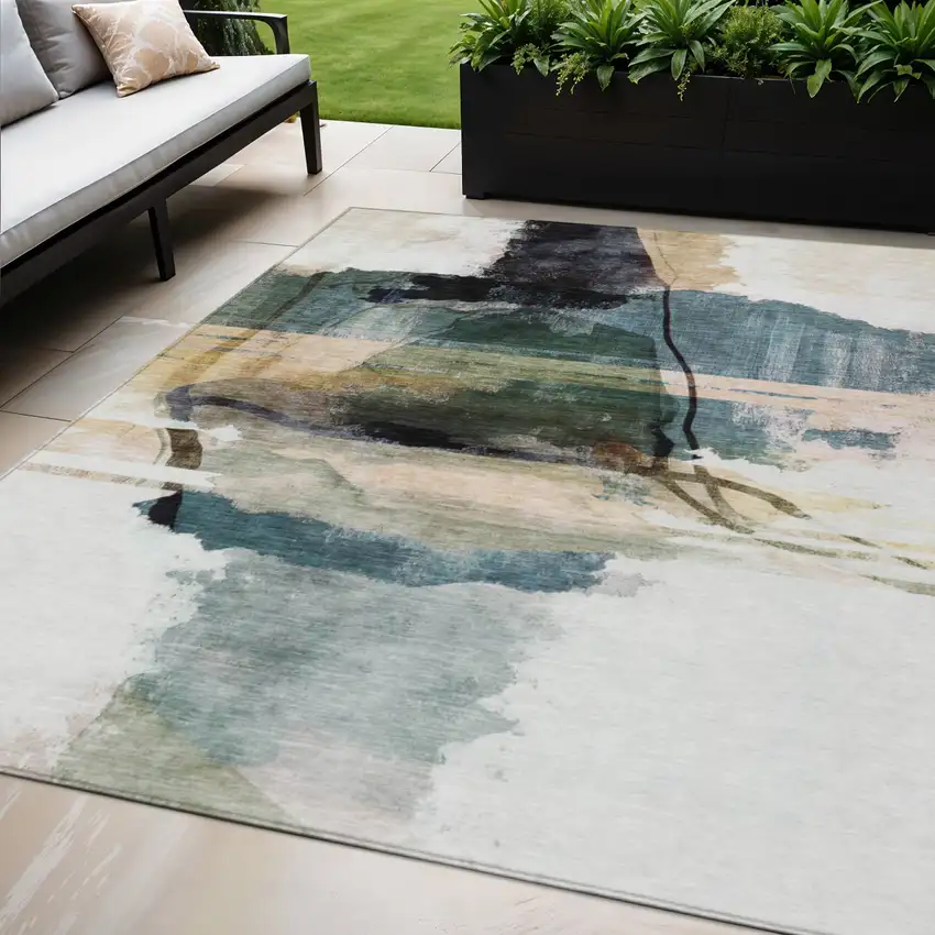 Green And Ivory Abstract Washable Indoor Outdoor Area Rug Photo 2