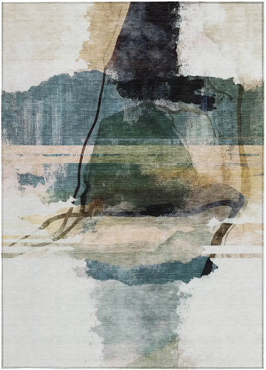 Green And Ivory Abstract Washable Indoor Outdoor Area Rug Photo 4