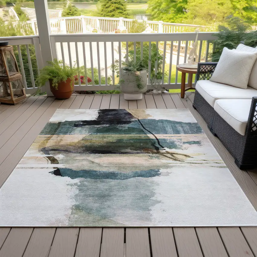 Green And Ivory Abstract Washable Indoor Outdoor Area Rug Photo 7
