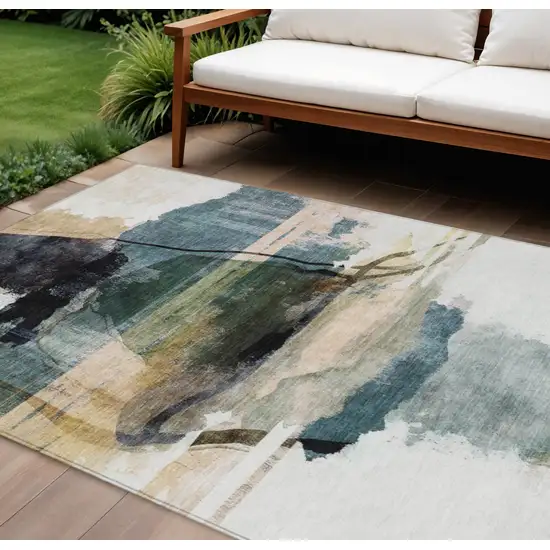 Green And Ivory Abstract Washable Indoor Outdoor Area Rug Photo 2