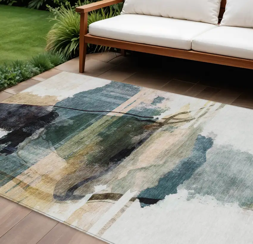 Green And Ivory Abstract Washable Indoor Outdoor Area Rug Photo 2