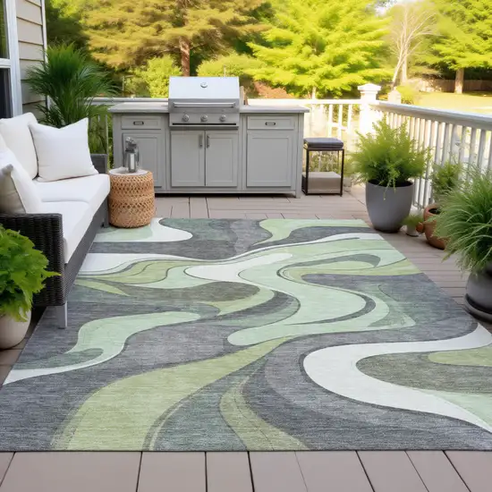 Green And Ivory Abstract Washable Indoor Outdoor Area Rug Photo 8