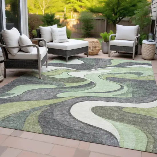 Green And Ivory Abstract Washable Indoor Outdoor Area Rug Photo 9
