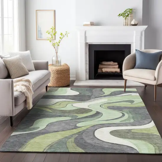 Green And Ivory Abstract Washable Indoor Outdoor Area Rug Photo 8