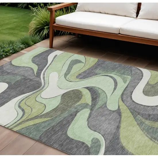 Green And Ivory Abstract Washable Indoor Outdoor Area Rug Photo 2