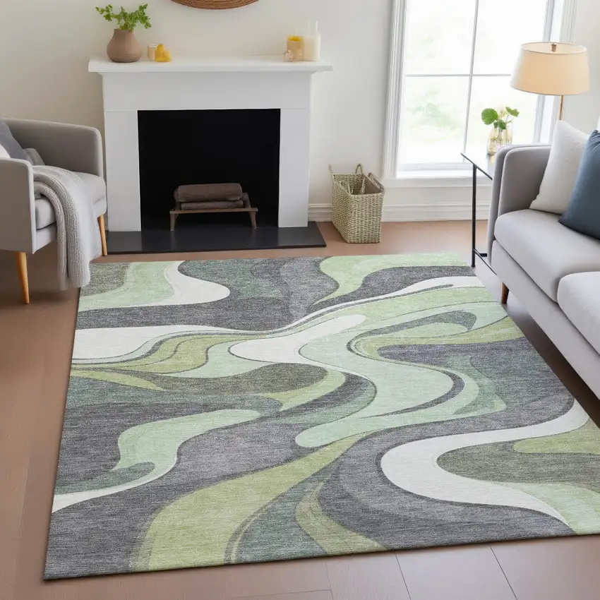 Green And Ivory Abstract Washable Indoor Outdoor Area Rug Photo 7