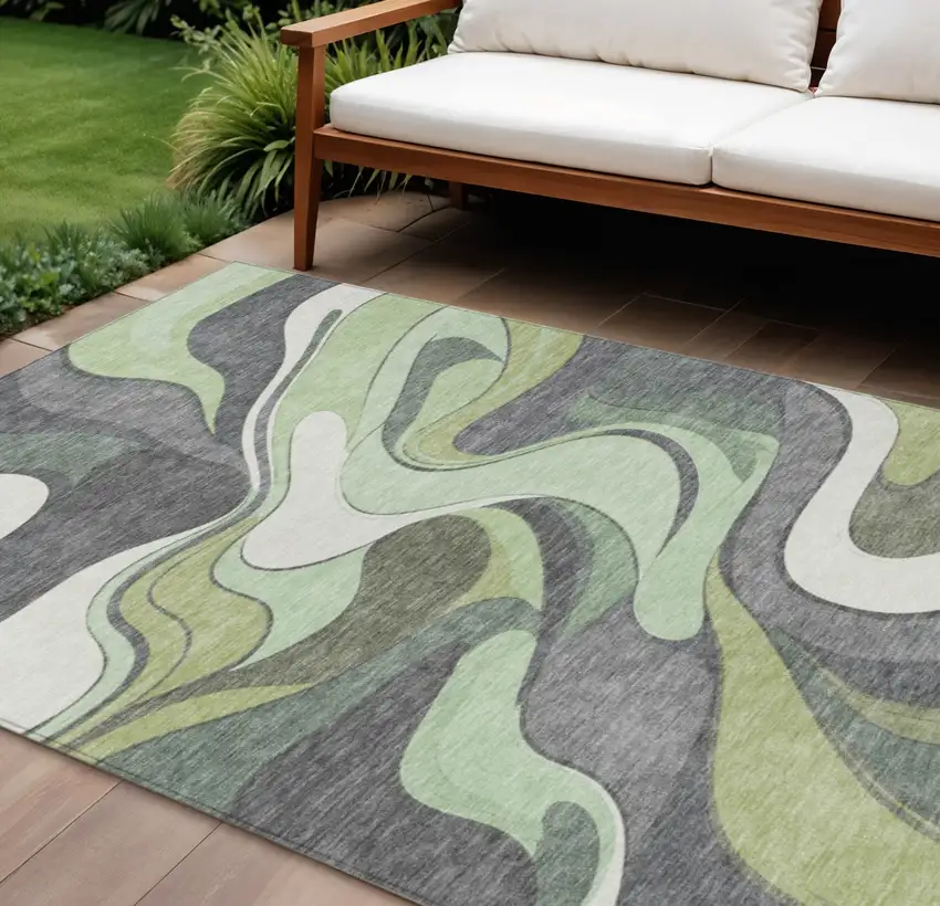 Green And Ivory Abstract Washable Indoor Outdoor Area Rug Photo 2