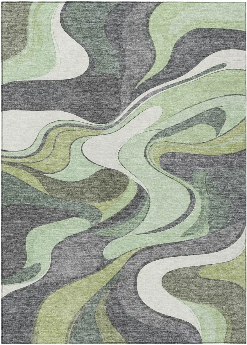 Green And Ivory Abstract Washable Indoor Outdoor Area Rug Photo 1