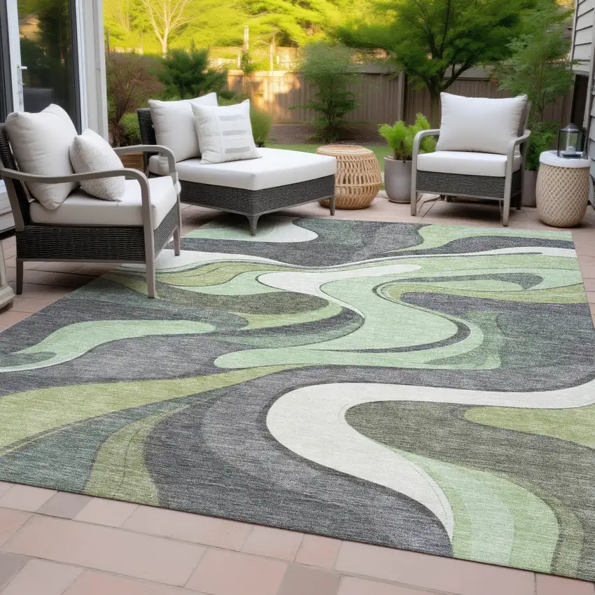 Green And Ivory Abstract Washable Indoor Outdoor Area Rug Photo 8