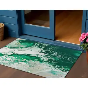 Photo of Green And Ivory Abstract Washable Indoor Outdoor Area Rug