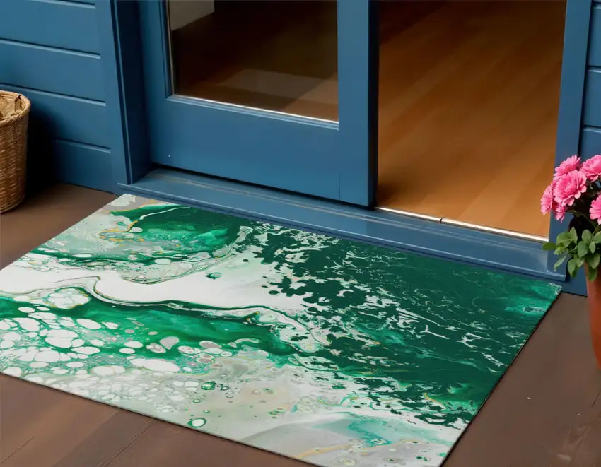 Green And Ivory Abstract Washable Indoor Outdoor Area Rug Photo 1