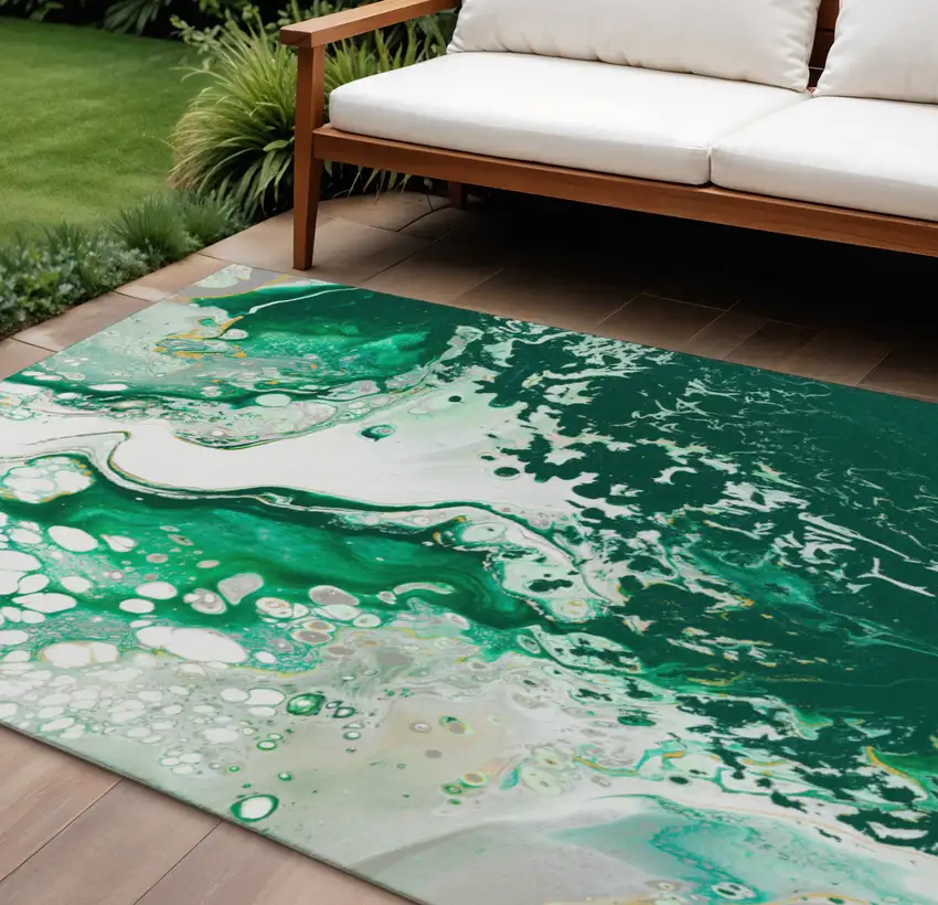 Green And Ivory Abstract Washable Indoor Outdoor Area Rug Photo 1