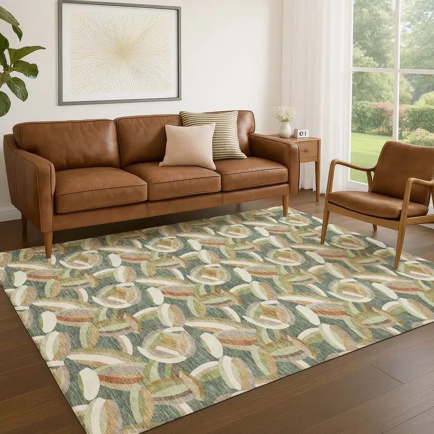 Green And Ivory Abstract Washable Indoor Outdoor Area Rug Photo 5