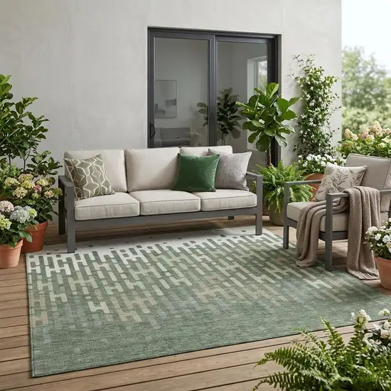 Green And Ivory Abstract Washable Indoor Outdoor Area Rug Photo 1