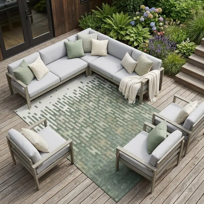 Green And Ivory Abstract Washable Indoor Outdoor Area Rug Photo 1