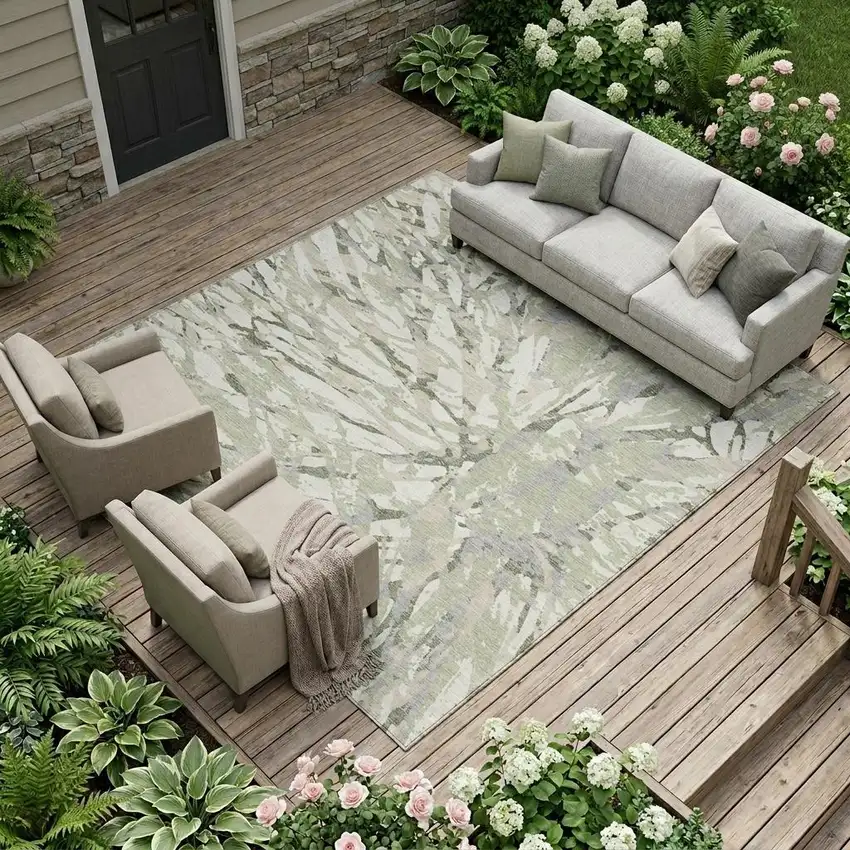 Green And Ivory Abstract Washable Indoor Outdoor Area Rug Photo 1
