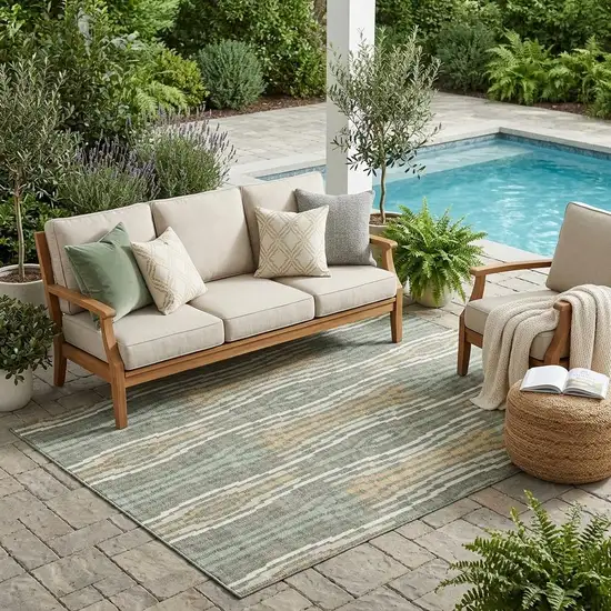 Green And Ivory Abstract Washable Indoor Outdoor Area Rug Photo 1