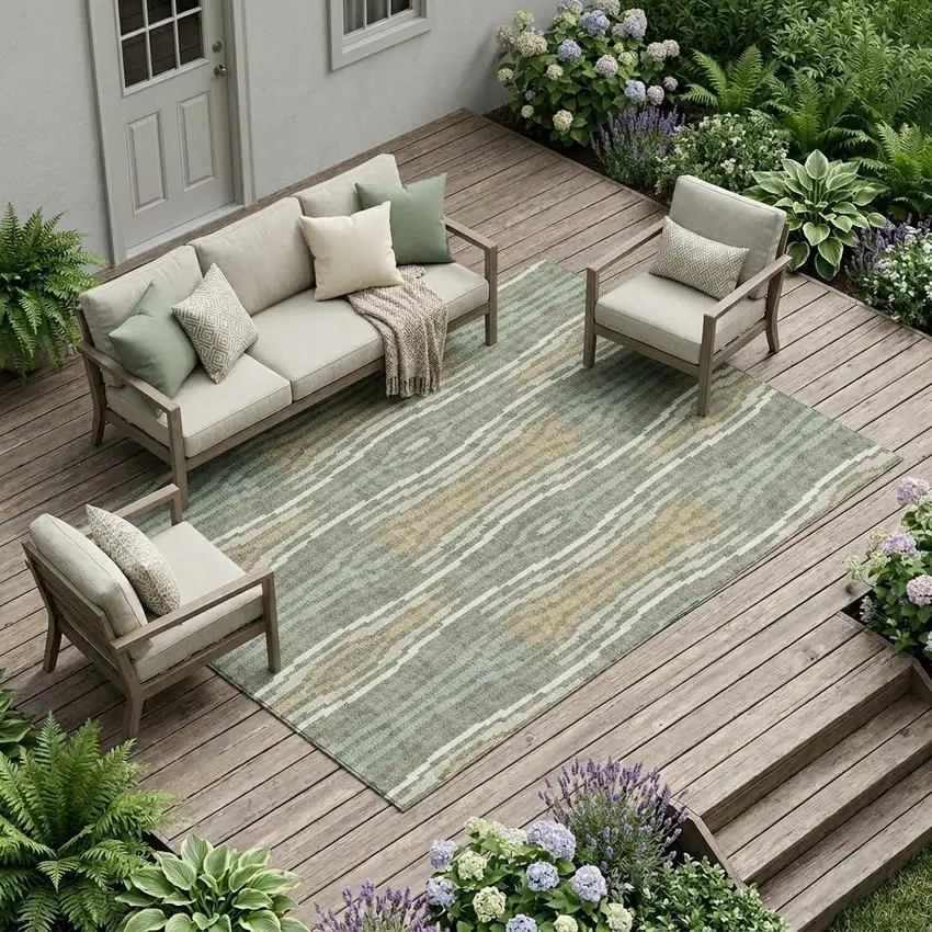 Green And Ivory Abstract Washable Indoor Outdoor Area Rug Photo 1