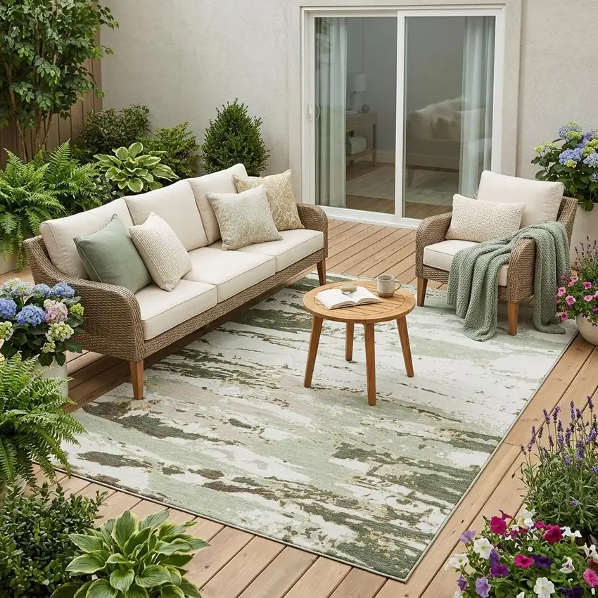 Green And Ivory Abstract Washable Indoor Outdoor Area Rug Photo 1