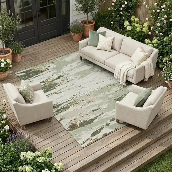 Green And Ivory Abstract Washable Indoor Outdoor Area Rug Photo 1