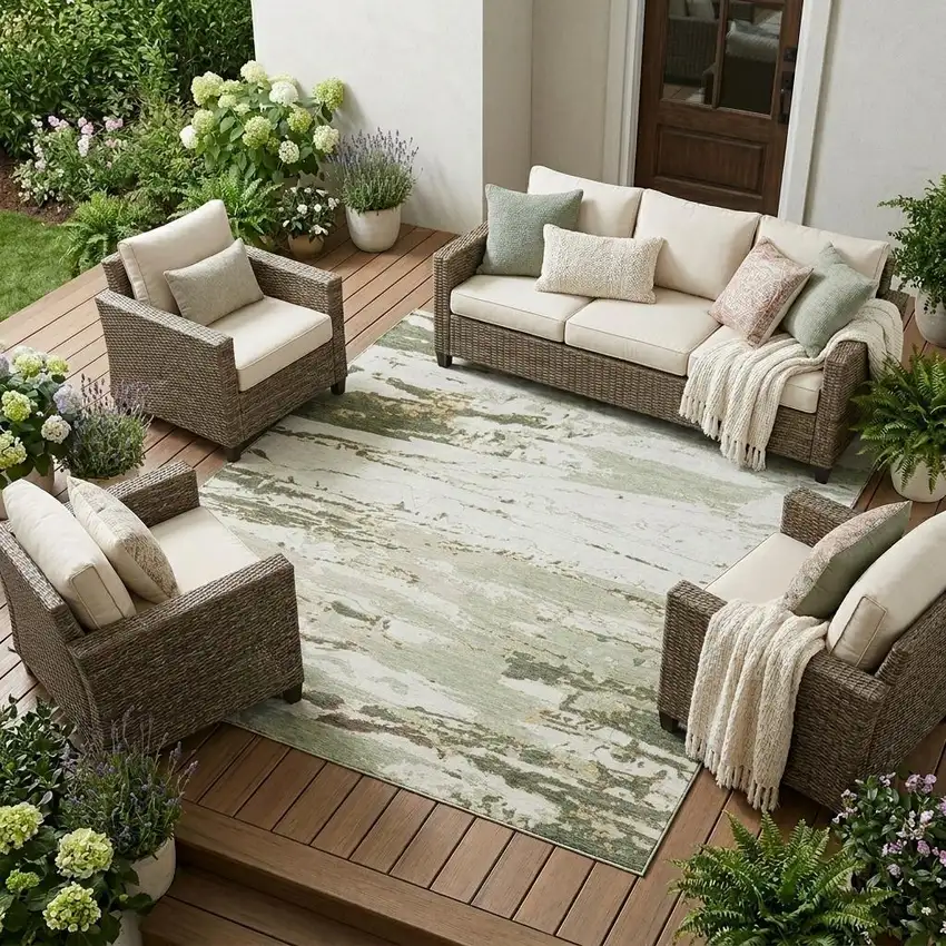 Green And Ivory Abstract Washable Indoor Outdoor Area Rug Photo 1