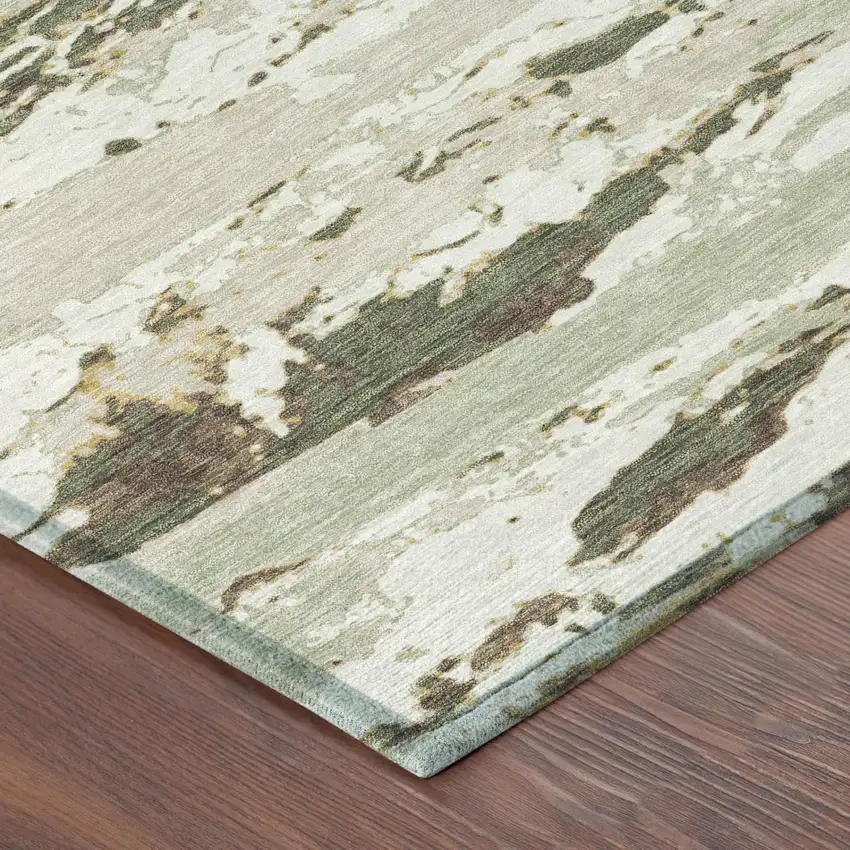 Green And Ivory Abstract Washable Indoor Outdoor Area Rug Photo 3