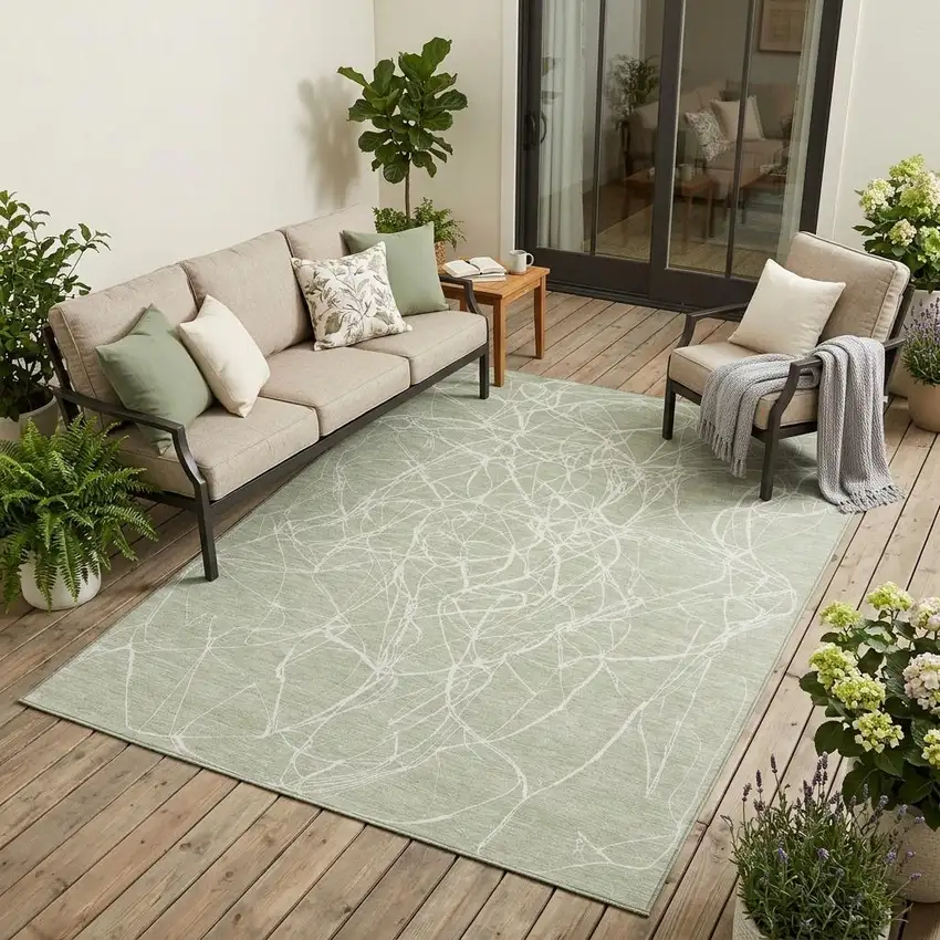 Green And Ivory Abstract Washable Indoor Outdoor Area Rug Photo 1