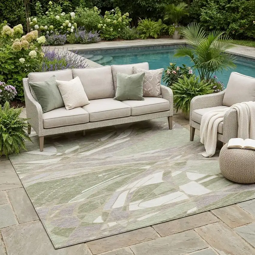 Green And Ivory Abstract Washable Indoor Outdoor Area Rug Photo 1