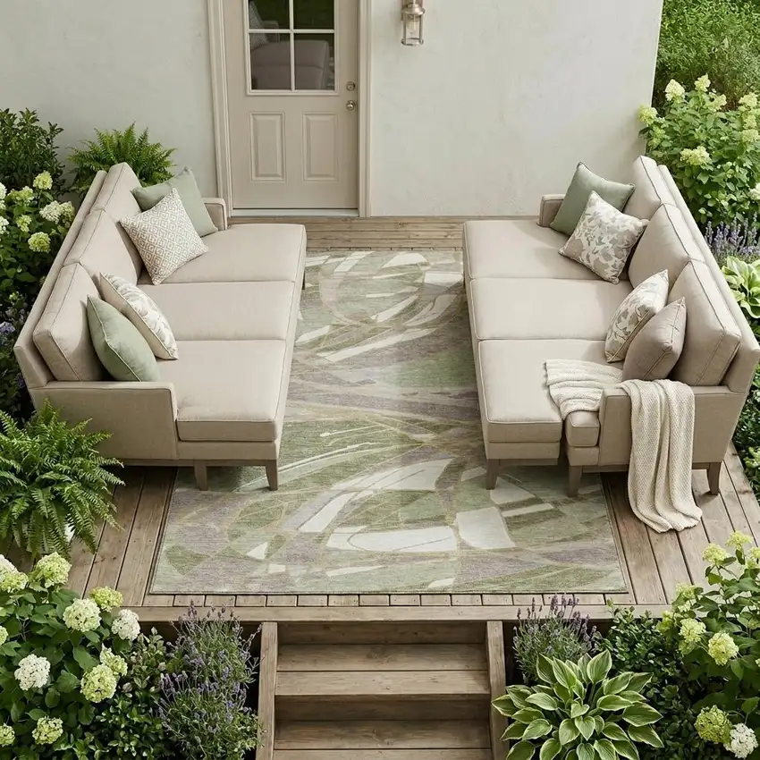 Green And Ivory Abstract Washable Indoor Outdoor Area Rug Photo 1