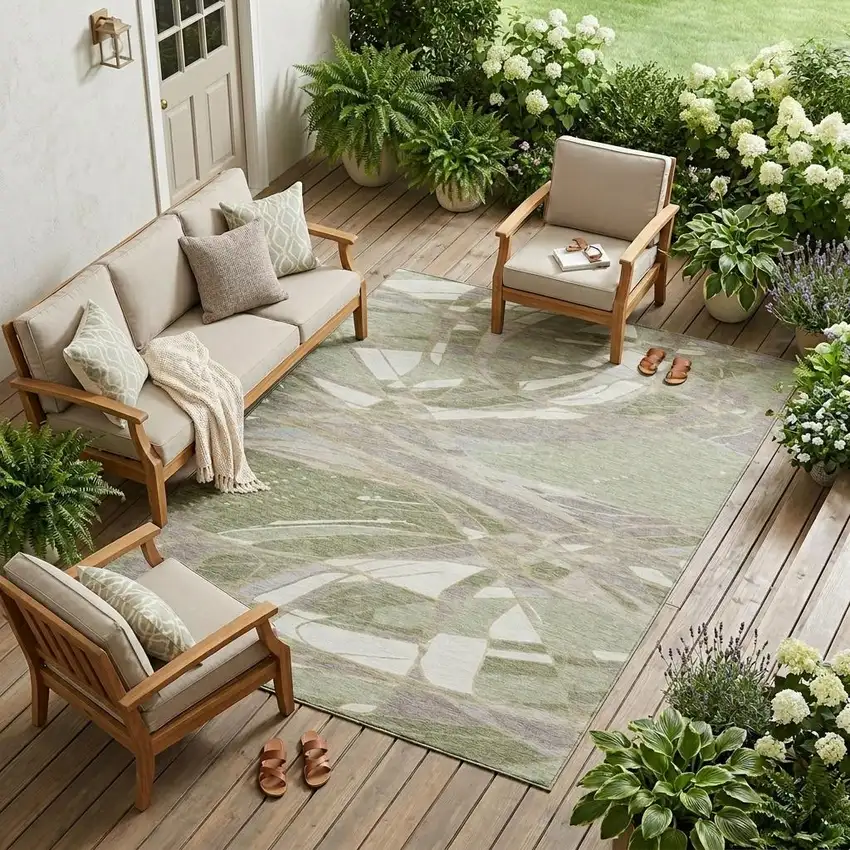 Green And Ivory Abstract Washable Indoor Outdoor Area Rug Photo 1