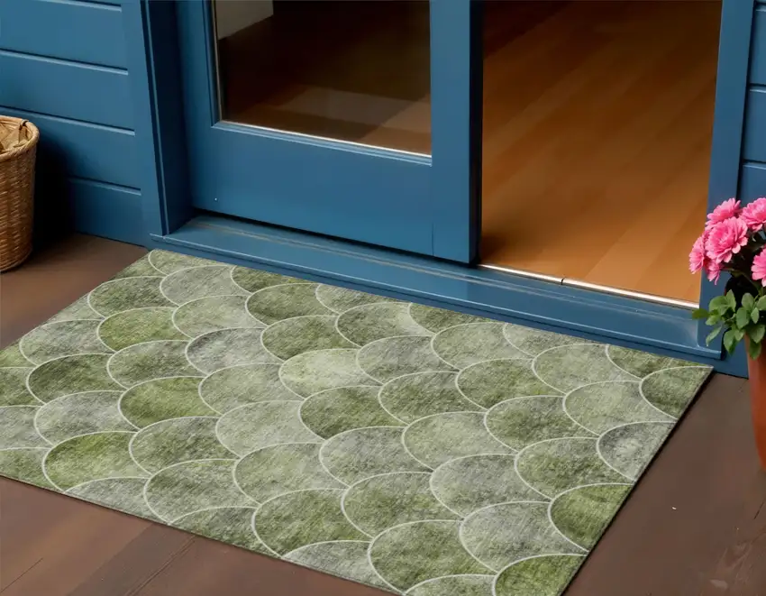 Green And Ivory Abstract Washable Indoor Outdoor Area Rug Photo 1