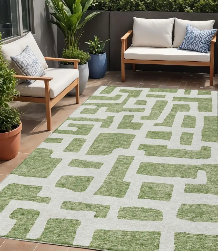 Green And Ivory Abstract Washable Indoor Outdoor Area Rug Photo 1