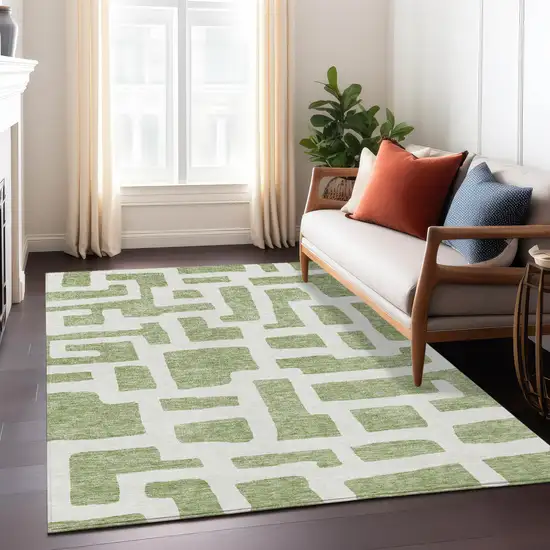 Green And Ivory Abstract Washable Indoor Outdoor Area Rug Photo 9