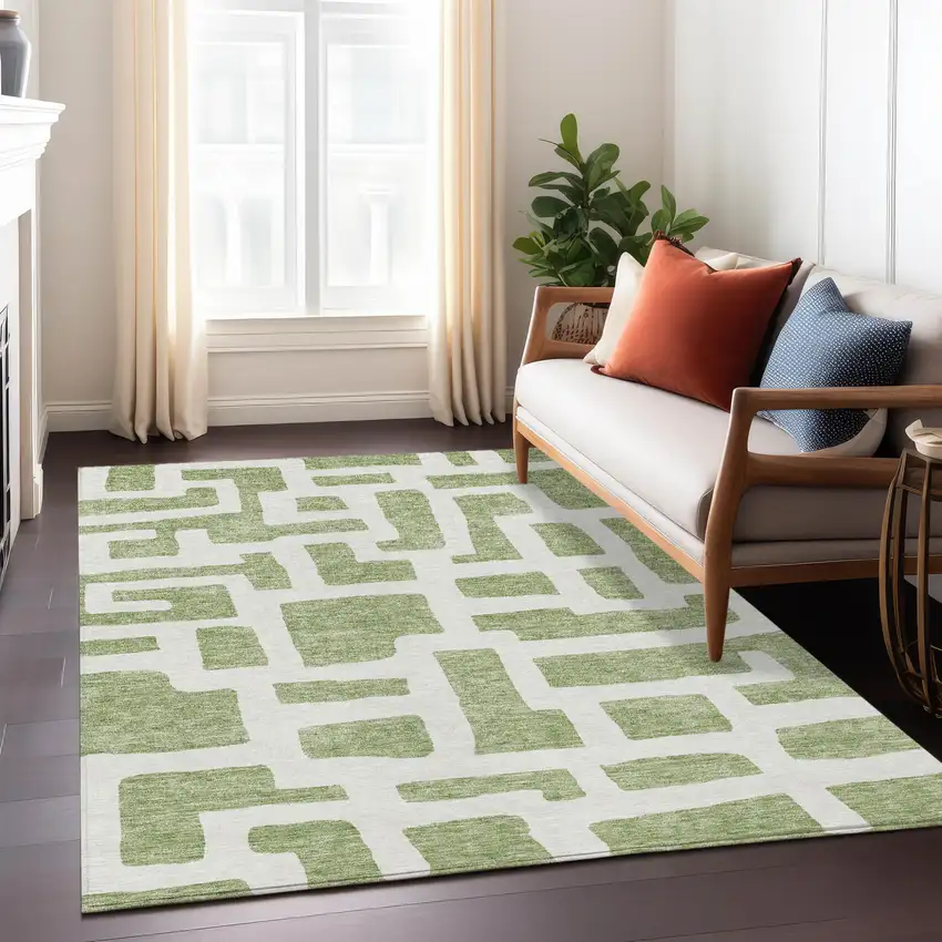 Green And Ivory Abstract Washable Indoor Outdoor Area Rug Photo 9